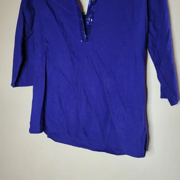 Jaclyn Smith Top Linen Blend Womens Tunic Blue Small 3/4 Sleeve Sequin Resort - Picture 7 of 12
